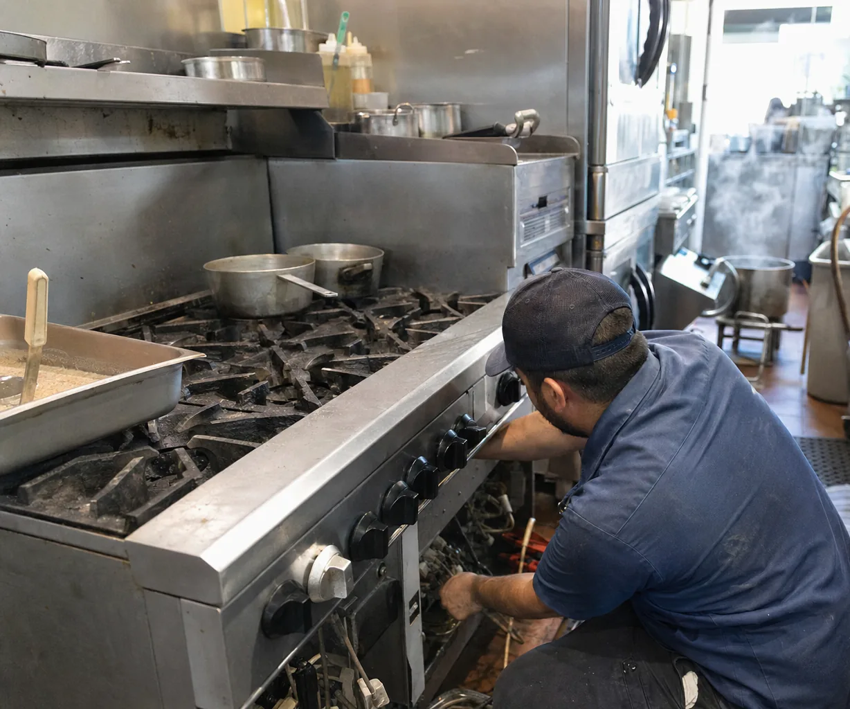 A technician at the base of a stainless range with the lower panel away, reaching into the burner controls while the cooktop stays loaded above