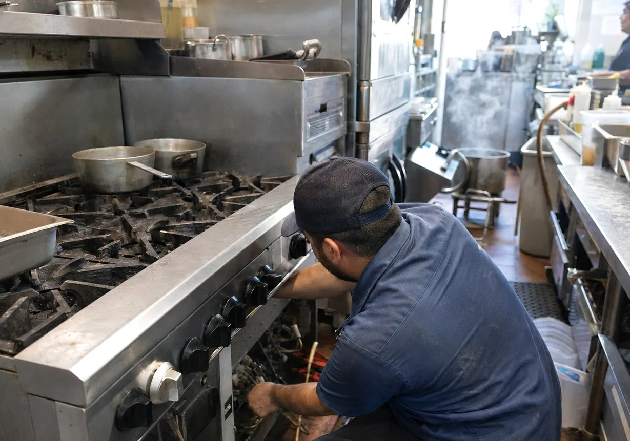 A technician crouched low at a stainless appliance front with its lower panel removed, reaching in toward the plumbing and control run behind it