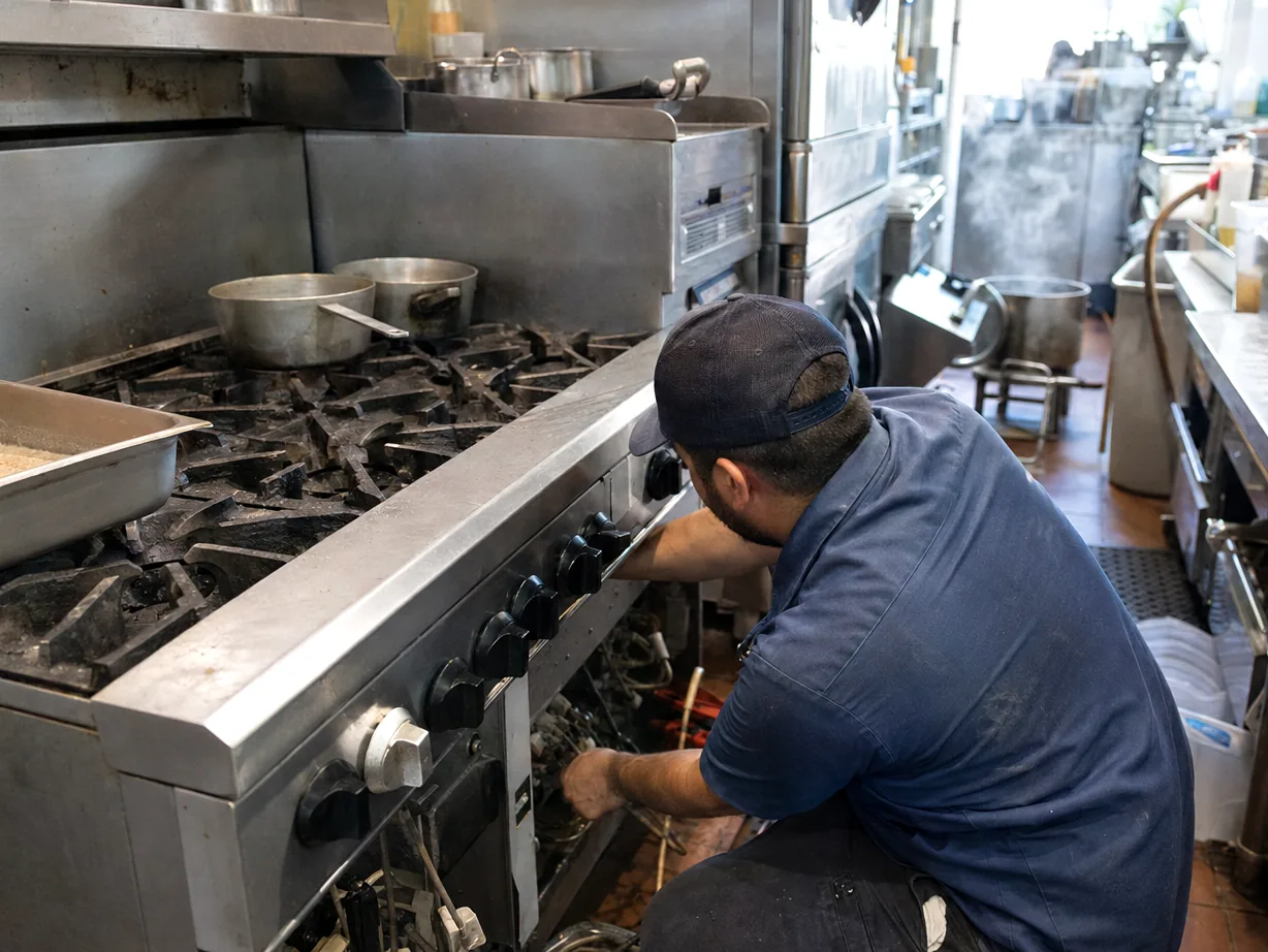 A gas range still loaded with pans while a technician works underneath it, steam rising from the kitchen line behind him