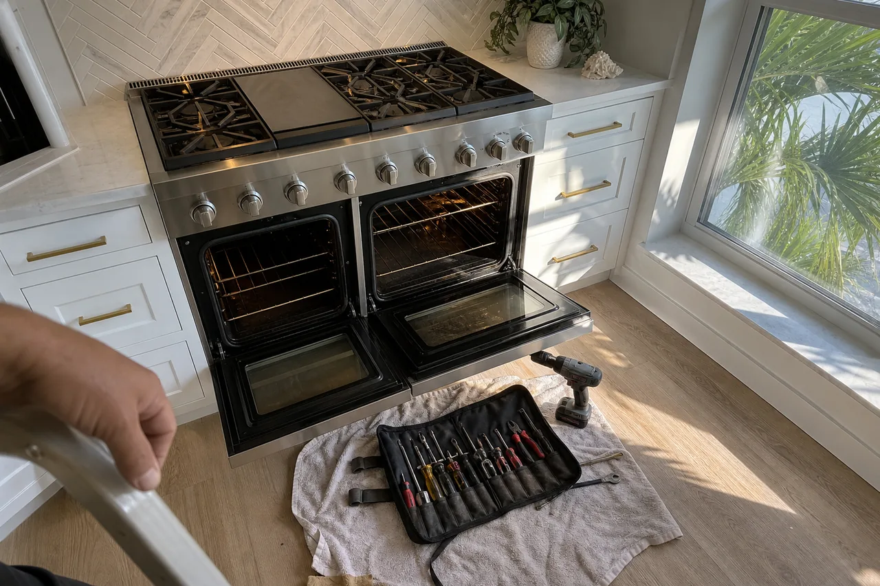 A wide stainless range with a center griddle and both oven doors dropped open, a roll of screwdrivers and a cordless drill laid on a towel in front, palms outside the window