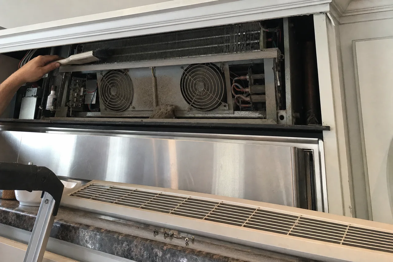 The overhead grille of a built-in refrigeration unit hinged open, showing two condenser fans and the coil behind them above the stainless doors