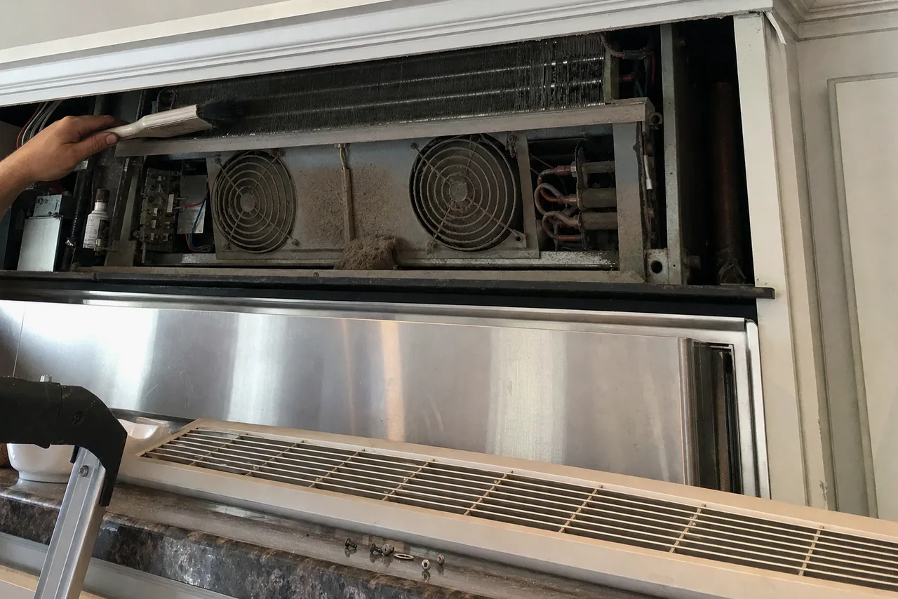 A condenser bay above a refrigerator with its grille panel lifted, dust visible across the fan guards and the coil fins behind them