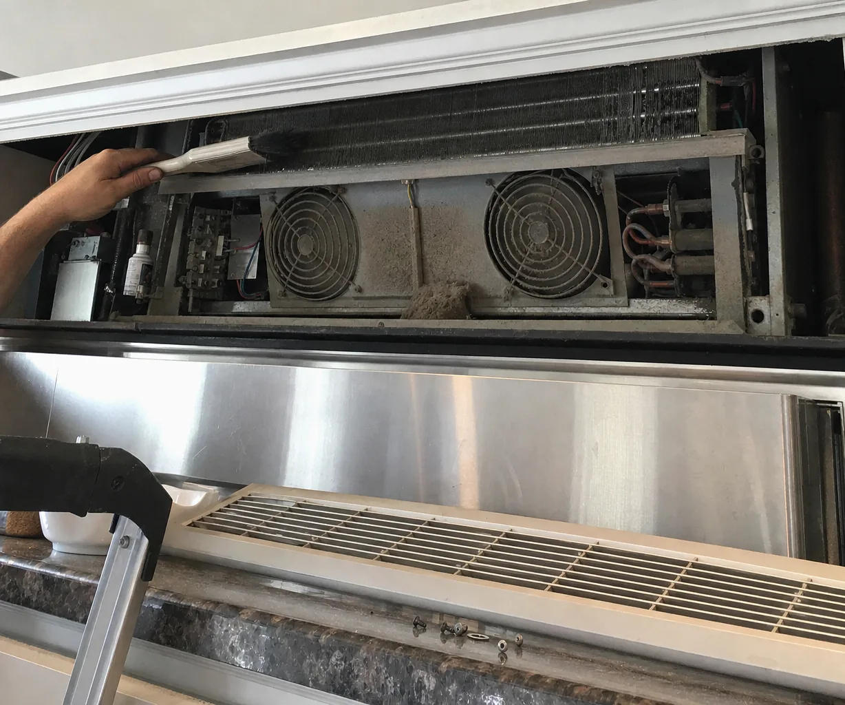 An open service panel above a refrigeration cabinet, the fan housings and coil exposed with the rating plate area in shadow behind them