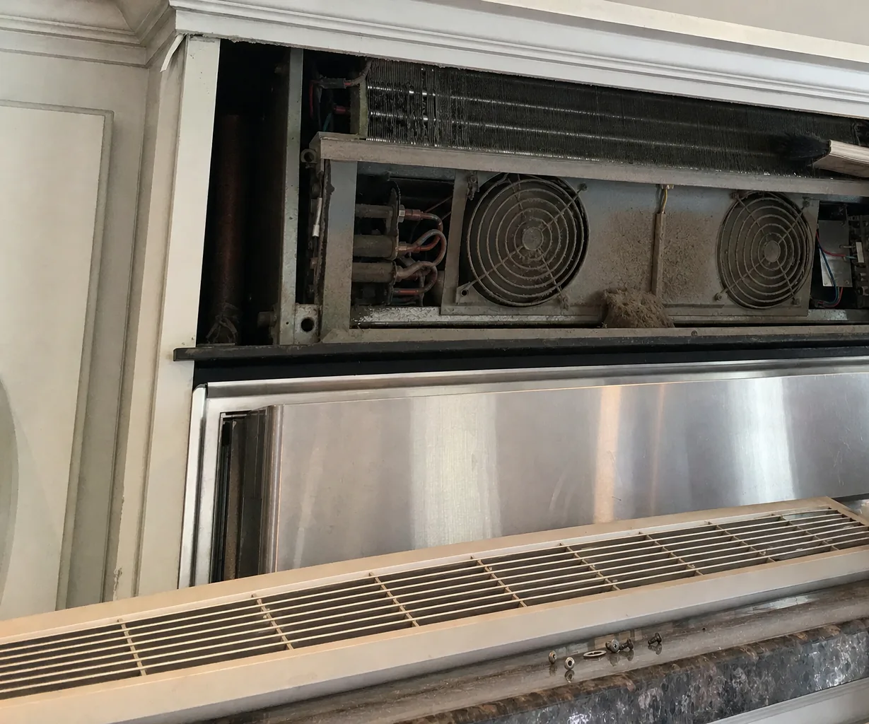 The condenser fans and coil of a refrigeration cabinet seen through an opened top grille, a hand holding the panel clear