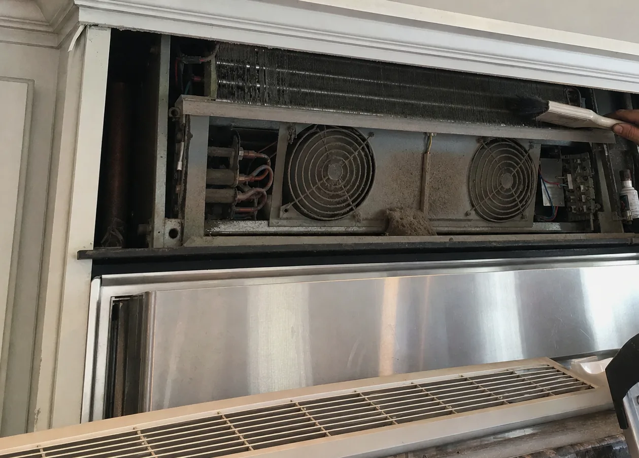 A hinged service panel held open above a refrigeration cabinet, two fan guards and the condenser coil behind them in plain view