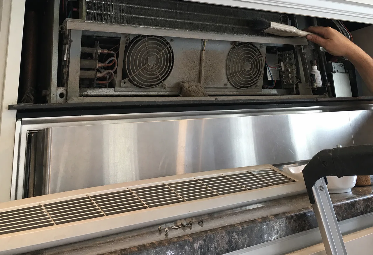 Two condenser fans and a dust-laden coil behind a raised grille panel, with a removed filter frame resting across the cabinet front below them