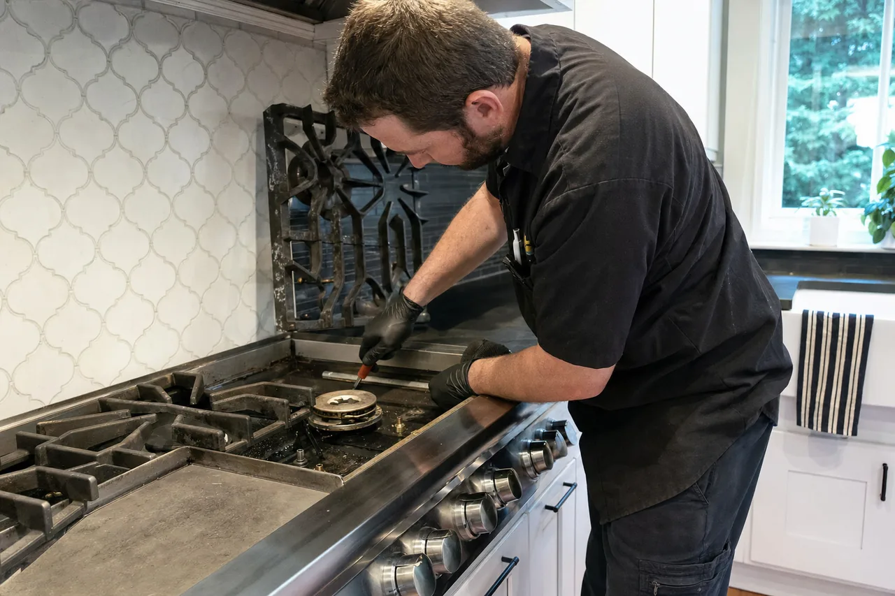A technician leaning over the open top of a stainless pro-style range in a tiled kitchen, working on a burner head with the cast-iron grates lifted clear