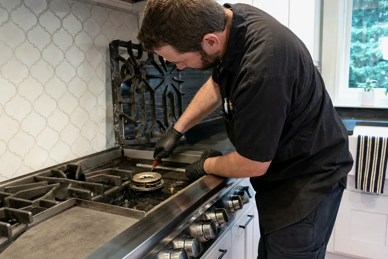 A stainless pro-style range with its grates pushed aside, a technician working at the burner while daylight comes in from the window beside it