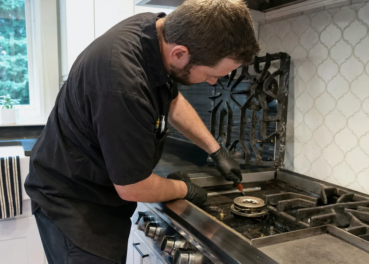 A technician bent over an open cooking appliance in a domestic kitchen, working into the cavity with the surface cleared around him