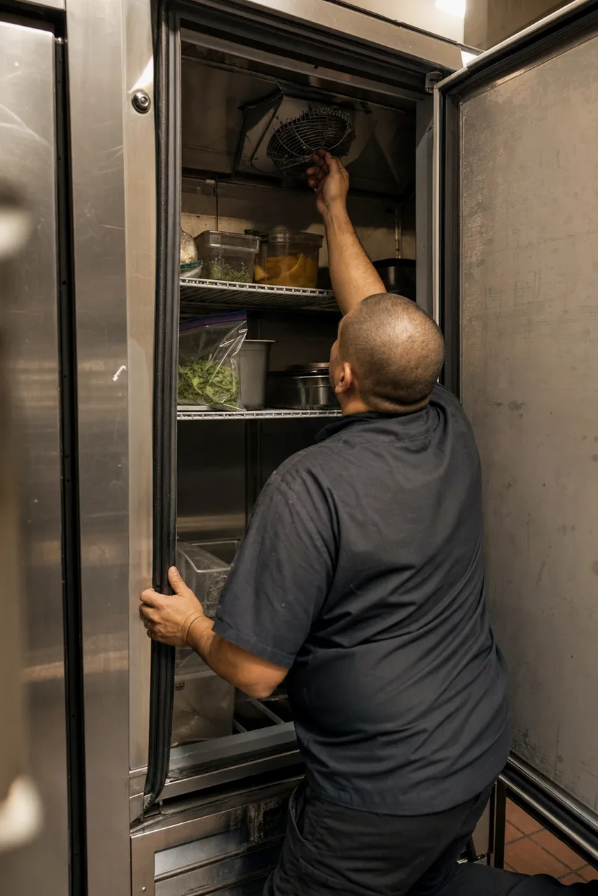 The lit interior of an open upright refrigerator with stacked containers, a technician reaching toward the top of the cabinet