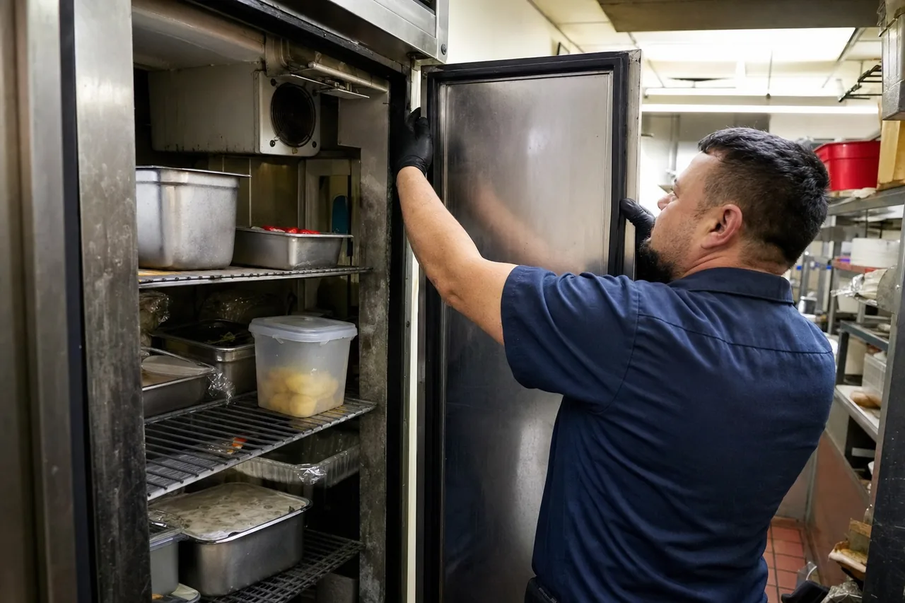 A technician holding open the door of a tall stainless refrigerator, shelves of covered containers and sheet trays visible inside