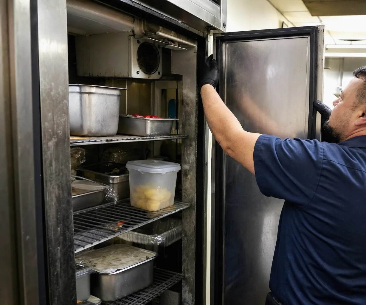 An open stainless refrigerator with loaded shelves, the technician’s hand on the door gasket where it meets the frame