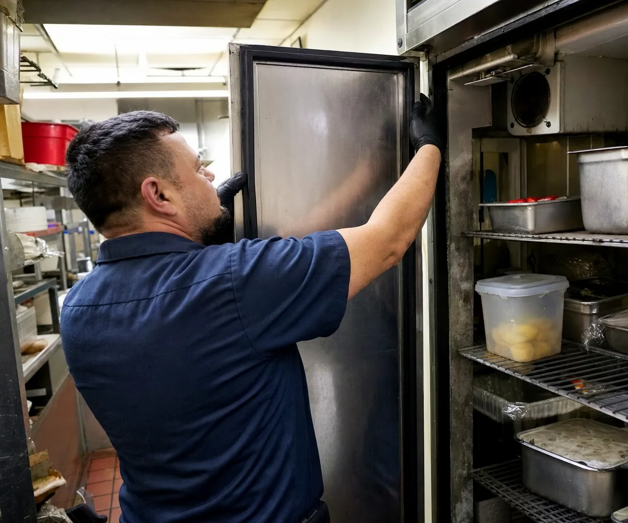 A tall refrigerator door held wide open in a working kitchen, trays and containers stacked on wire shelves behind it