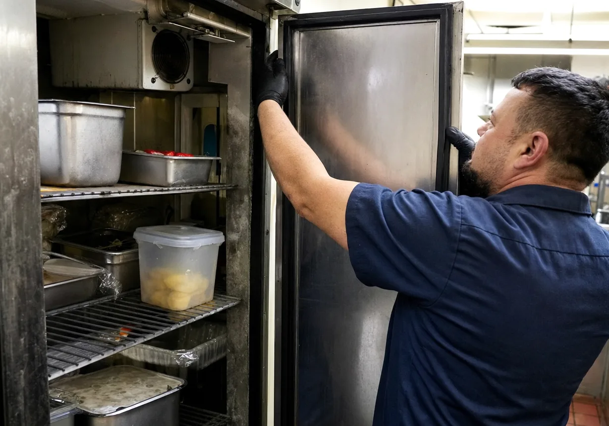 A technician inspecting the inside of an upright refrigerator, one hand on the door and the interior light showing the shelf runners