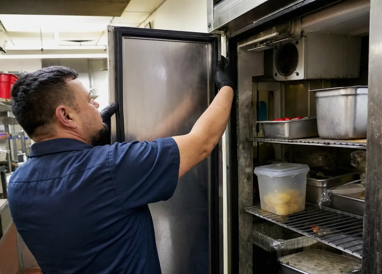 The open door of a stainless refrigerator seen from the side, the technician looking past it into the cabinet