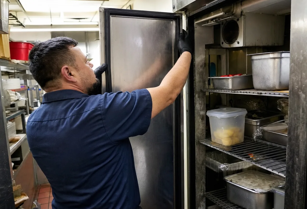 A technician bracing an open refrigerator door at shoulder height, the upper compartment lit and trays of stored food on the shelves beside him